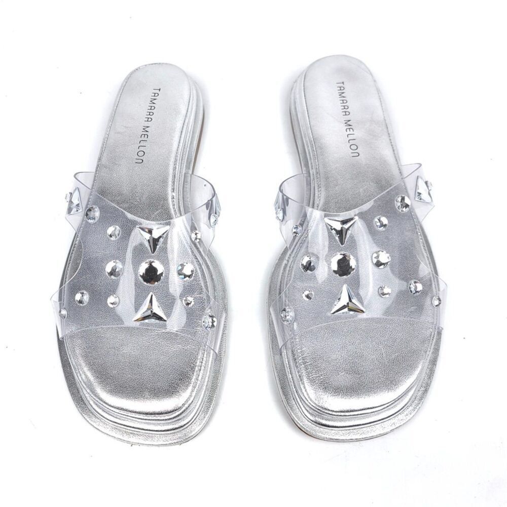 Tamara Mellon Stellaire 90s Silver Clear Gem Embellished Slide Sandals Y2k 10